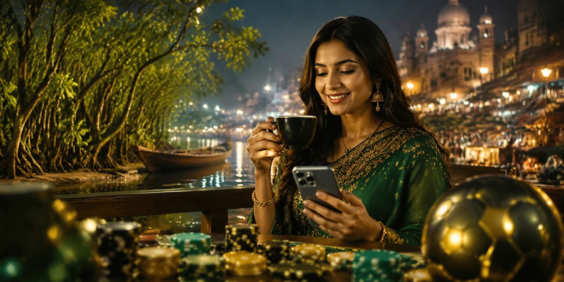 সুন্দরবনের পাশে নাইট মার্কেটে মোবাইলে অনলাইন ক্যাসিনো উপভোগ করছেন একজন ব্যবহারকারী
